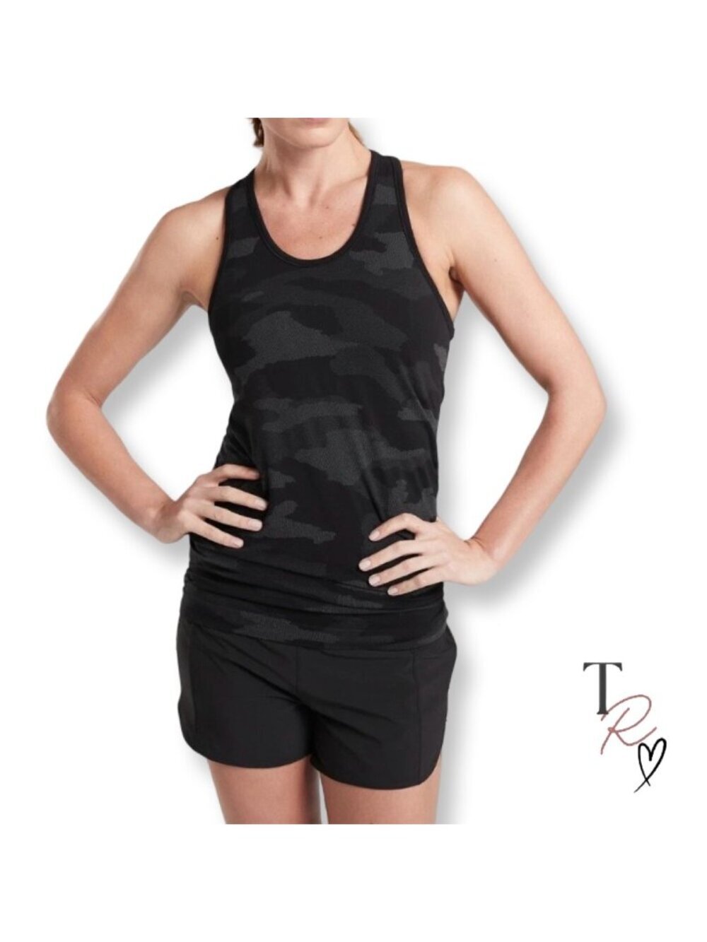 Athleta Momentum Tank Camo XS Black Gray Seamless Racerback Workout Top